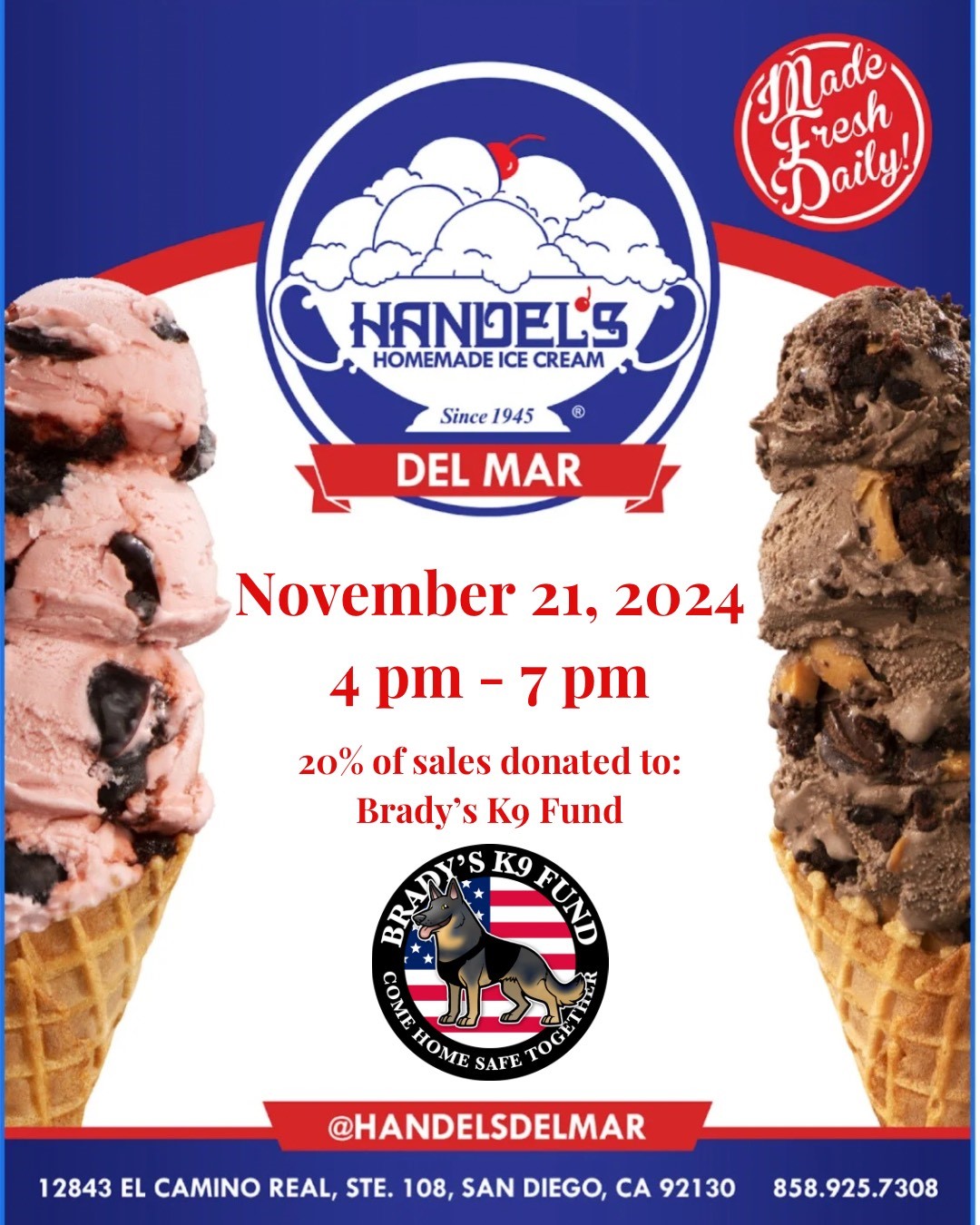 Del Mar Highlands Town Center Handel's Brady's K9 Fund