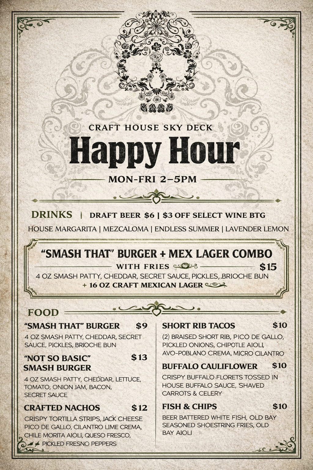 Craft House Sky Deck Del Mar Highlands Town Center San Diego Happy Hour Menu