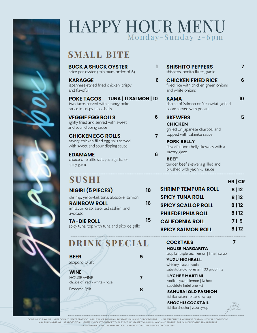 Glass Box San Diego at Sky Deck Del Mar Happy Hour Monday Sunday from 2pm 6pm