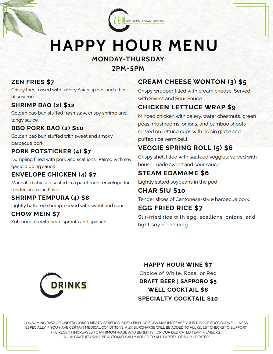 Zen Modern Asian Bistro San Diego at Sky Deck Del Mar Happy Hour Monday Thurs from 2pm 5pm
