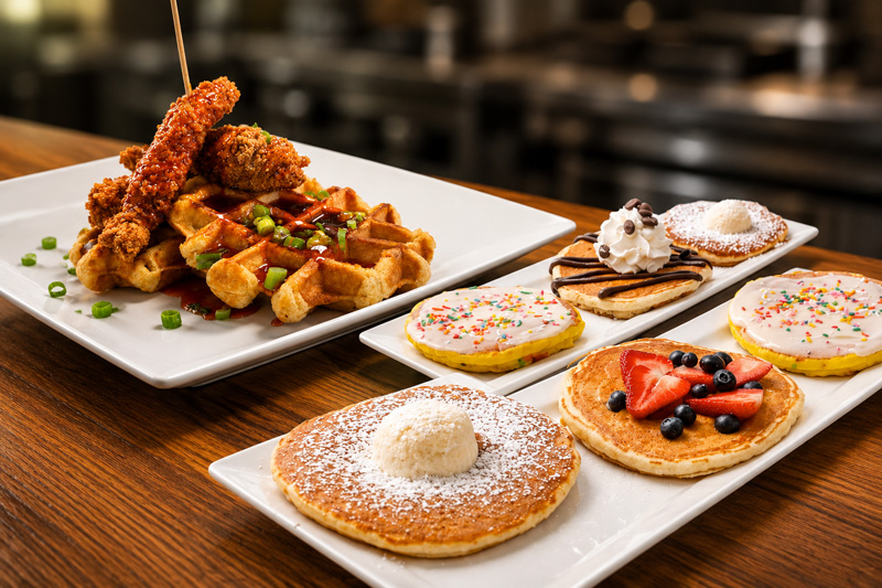 Toasted Pancake Flight and Chicken with Waffles