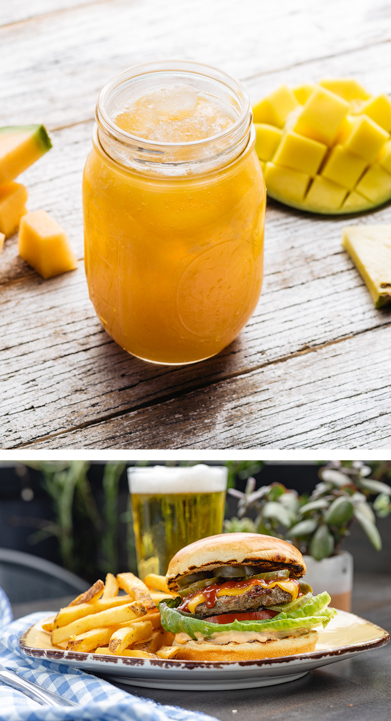 Urban Plates Cantaloupe Pineapple Mango refresher and Jalapeno Burger